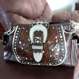 Brown Western style rhinestone concealed carry shoulder bag handbag.